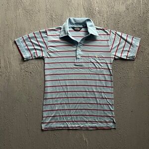 Vintage Towncraft Polo Shirt Small Blue 1970s Striped Pocket Short Sleeve